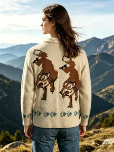 Close-up back view of vintage knit cardigan featuring intricate double wolf jacquard pattern.