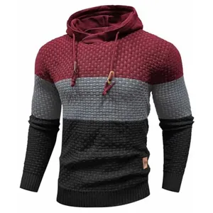 Men's textured waffle knit hooded sweater with stylish three-color block design for autumn