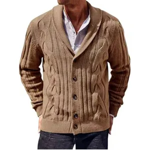 Men's stylish brown cable knit cardigan sweater with shawl collar and button closure