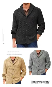 Close-up detail of men's shawl collar cable-knit cardigan sweaters in multiple colors