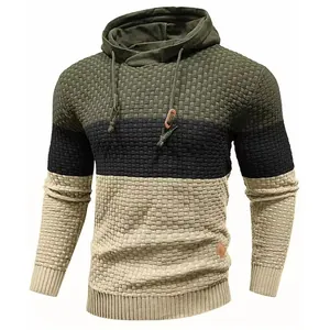 Men's knitted color-block hoodie with long sleeves and textured waffle weave fabric.