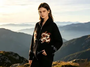 Vintage double wolf jacquard zip-up knit cardigan sweater for women in scenic mountains
