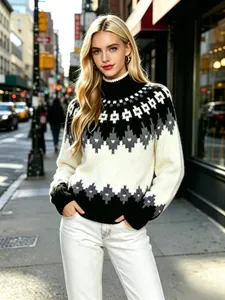 Dettaglio del maglione lavorato a maglia Fair Isle bianco e nero da donna in contesto urbano