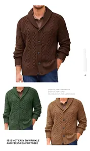 Men's stylish cable knit shawl collar button-down cardigan sweater in brown and green