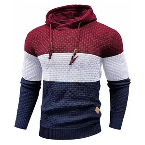Men's tri-color block hooded knit sweater with textured waffle pattern for casual wear.