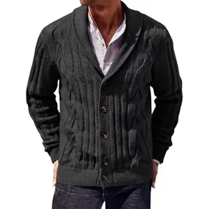 Men's stylish dark grey cable-knit cardigan with shawl collar and buttons for autumn