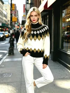 Stile street di una donna che indossa un maglione jacquard a collo alto Fair Isle.