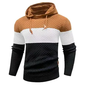 Men's casual color-block knit hooded sweater with long sleeves and textured waffle pattern