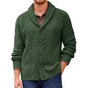 Men Business Casual Cable Knit Cardigan Sweater Shawl Collar Single Breasted Long Sleeve Button Up Warm Knitwear Top Jacket