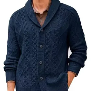 Men's navy blue cable-knit shawl collar cardigan sweater with buttons and long sleeves