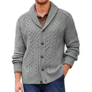 Men's premium grey cable-knit shawl collar cardigan sweater with buttons for casual wear
