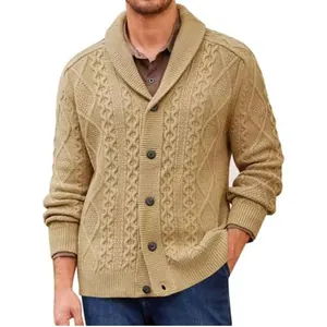 Men's business casual khaki cable knit shawl collar cardigan sweater with button closure