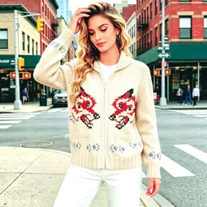 Women's Retro Double Wolf Jacquard Knitted Cardigan Acrylic Zipper Lapel Loose Sweater Jacket