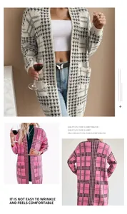Detail view showing pink and white houndstooth patterns on a knitted long cardigan
