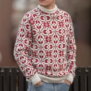 Pull en maille jacquard rouge et blanc rétro au style streetwear ample pour hommes