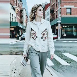 Vintage double wolf jacquard zip-up cardigan sweater for women in an urban street setting