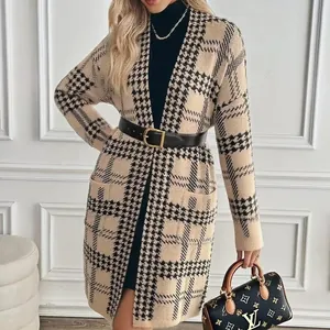 Women Houndstooth Knitted Long Cardigan Open Front Sweater Jacket With Pockets Autumn Winter Loose Elegant Outerwear Top