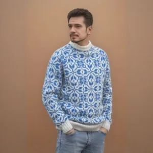 Pull en maille jacquard bleu et blanc pour hommes avec une coupe streetwear décontractée