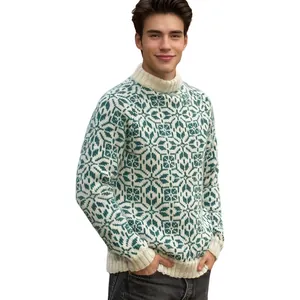 Pull en maille jacquard vert et blanc de style nordique vintage pour hommes, coupe décontractée