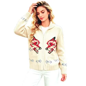Vintage oversized zip-up knit cardigan with artistic wolf jacquard pattern for women