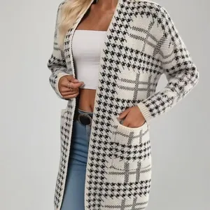Stylish long black and white houndstooth knit open front cardigan jacket for women