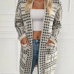Stylish long-sleeved houndstooth knit cardigan for women featuring a minimalist open front design