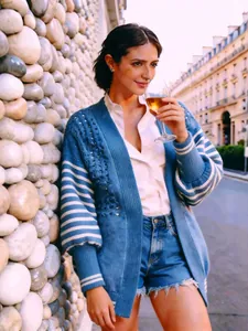Cardigan in maglia traforata a righe blu da donna, giacca casual dal taglio ampio