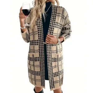 Elegant long houndstooth knit cardigan sweater for women in classic beige and black pattern