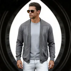 Graue Herren-Strickjacke mit Schalkragen für Frühling und Herbst im Freizeitstil