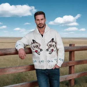 Herren-Strickjacke mit grobem Fuchs-Jacquard-Muster und durchgehendem Reißverschluss