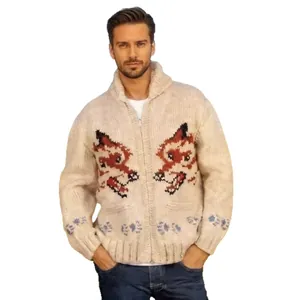 Herren Strickjacke mit grobem Muster, Fuchs-Jacquard und Reißverschluss für den Frühling.