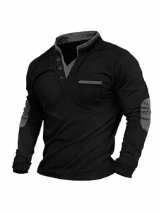 Men's black long sleeve polo shirt with stand collar and grey patchwork details.
