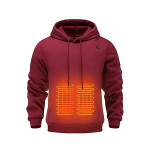 Detailed view of the internal heating elements on a burgundy USB heated hoodie for men