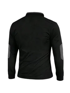 Back view of men's black stand collar long sleeve sweatshirt with grey elbow patches