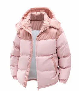 Detailed view of the pink thickened hooded puffer jacket with corduroy stitching