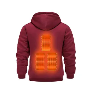 Rear view of burgundy heated hoodie showing three active heating zones on the back