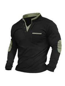 Front view of men's black stand-up collar long-sleeve shirt with green accents