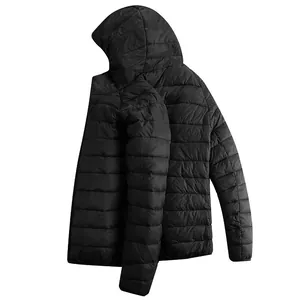 Back profile of a black hooded intelligent USB heated winter jacket for men's outdoor warmth
