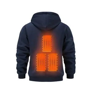 Close-up of three heating zones on the back of the navy blue USB heated hoodie