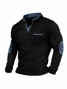 Men's black long-sleeve polo shirt with stand collar and grey patchwork sleeve details