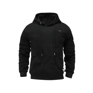 Professional black USB heated hooded sweatshirt for men featuring chest power control button.
