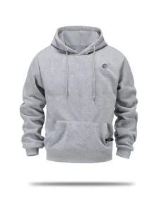 Detail view showing the power button and USB interface of a grey heated hoodie