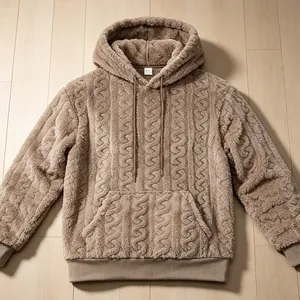 Men Winter Warm Fleece Lined Hoodie Solid Cable Knit Pullover Thick Casual Long Sleeve Hooded Top Kangaroo Pocket