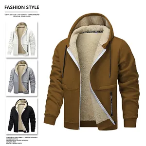 Men's thick Sherpa-lined zip-up hoodie jacket with warm fleece interior for autumn winter