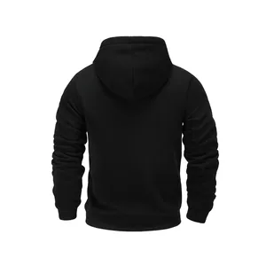 Back view of a minimalist black men's USB heated hooded sweatshirt for winter outdoor use