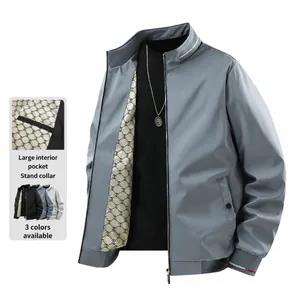 Men's minimalist grey stand collar jacket with breathable fabric and large inner pocket