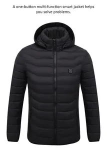 Front view of black smart heating hooded jacket with one-button temperature control system