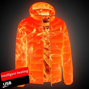 Detail of orange heated jacket for men featuring USB intelligent heating technology