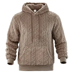 Detail view of men's brown cable-patterned fleece hoodie with kangaroo pocket