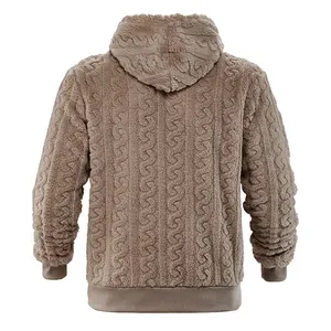Back view detail of thick plush men's hoodie with unique cable knit texture in taupe color